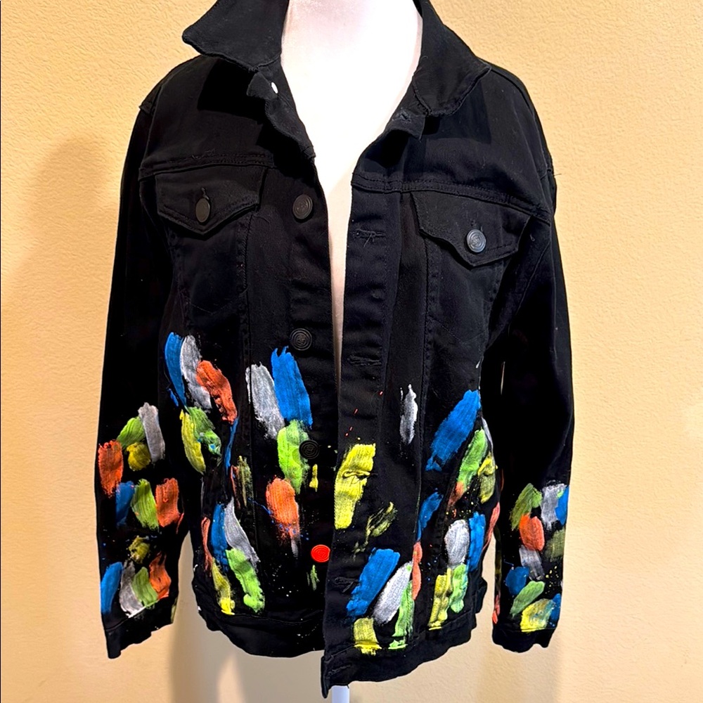 Sacred Crown Black Denim Jacket with Vibrant Paint Splashes